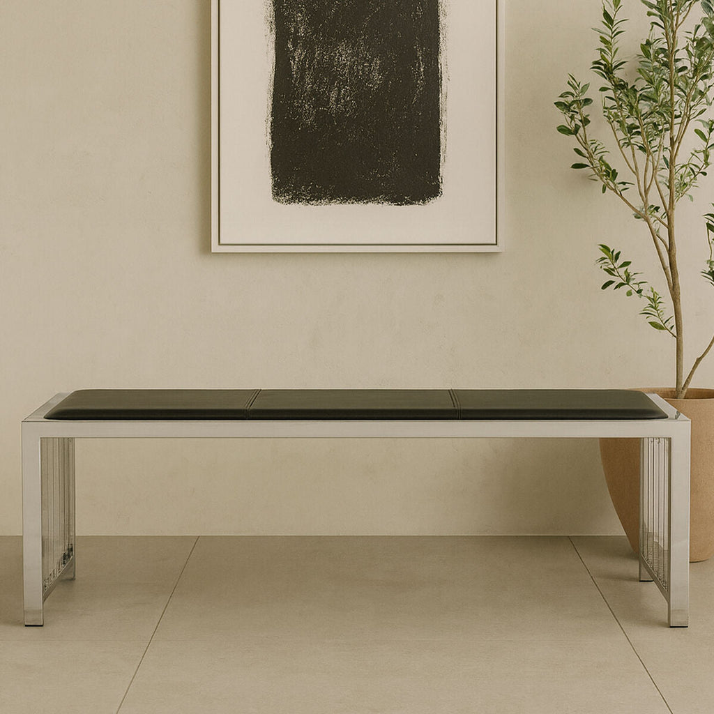 Black Leather Bench with Stainless Steel Frame | Novara