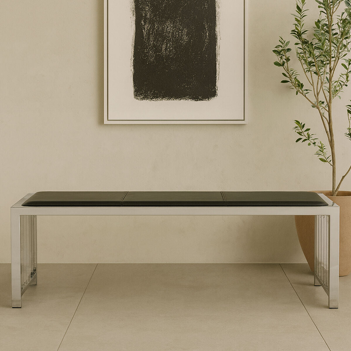 Black Leather Bench with Stainless Steel Frame | Novara