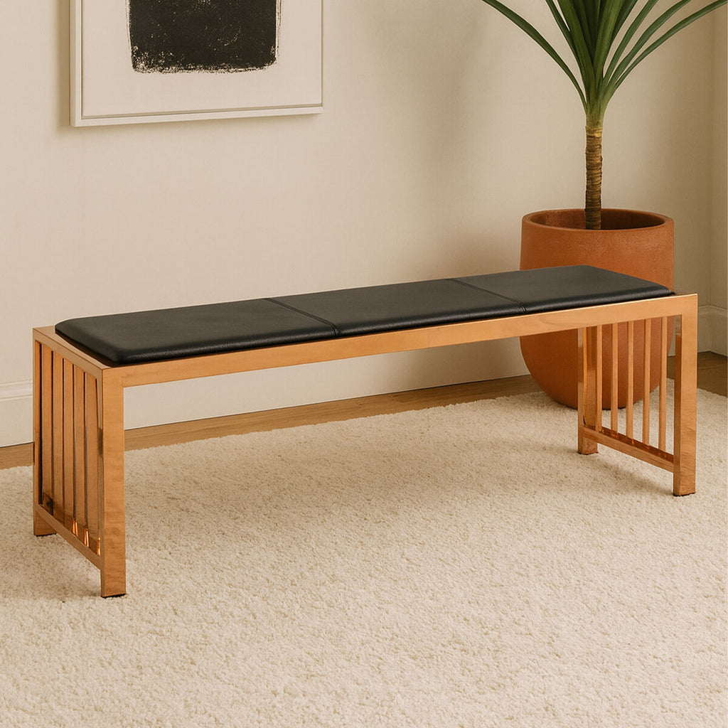 Black Leather and Rose Gold Finish Bench | Novara