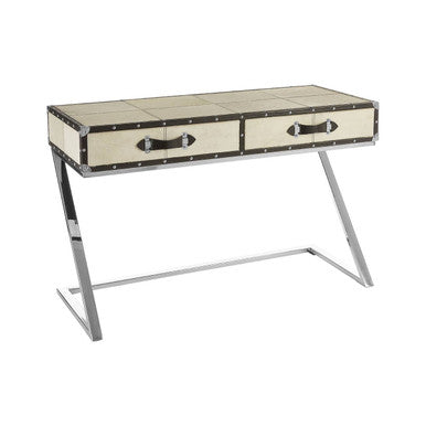 Hair-On-Leather Mango Wood Two-Drawer Console Table with Polished Stainless Steel Legs, Kensington Townhouse