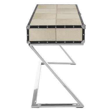 Hair-On-Leather Mango Wood Two-Drawer Console Table with Polished Stainless Steel Legs, Kensington Townhouse