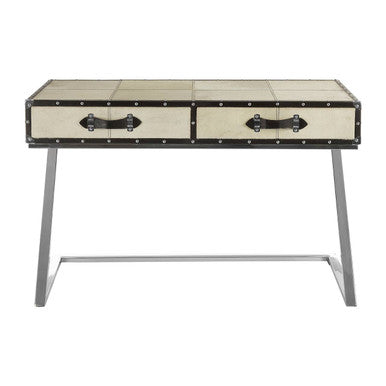 Hair-On-Leather Mango Wood Two-Drawer Console Table with Polished Stainless Steel Legs, Kensington Townhouse
