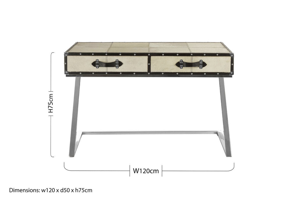 Hair-On-Leather Mango Wood Two-Drawer Console Table with Polished Stainless Steel Legs, Kensington Townhouse