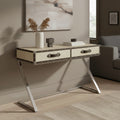 Hair-On-Leather Mango Wood Two-Drawer Console Table with Polished Stainless Steel Legs, Kensington Townhouse