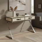 Hair-On-Leather Mango Wood Two-Drawer Console Table with Polished Stainless Steel Legs, Kensington Townhouse