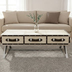 Mango Wood Three-Drawer Coffee Table with Leather Handles Black Trim and Stud Detailing | Kensington Townhouse
