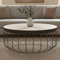 Genuine Leather Coffee Table with Distressed Grey Iron Cage Base | Kensington Townhouse