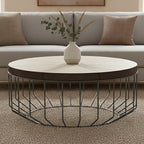 Genuine Leather Coffee Table with Distressed Grey Iron Cage Base | Kensington Townhouse
