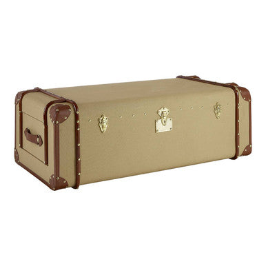 Mango Wood Canvas Trunk Coffee Table with Genuine Leather Detail, Columbus