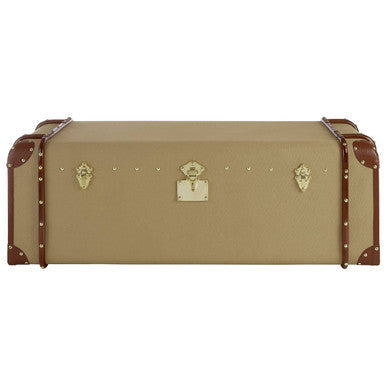 Mango Wood Canvas Trunk Coffee Table with Genuine Leather Detail, Columbus