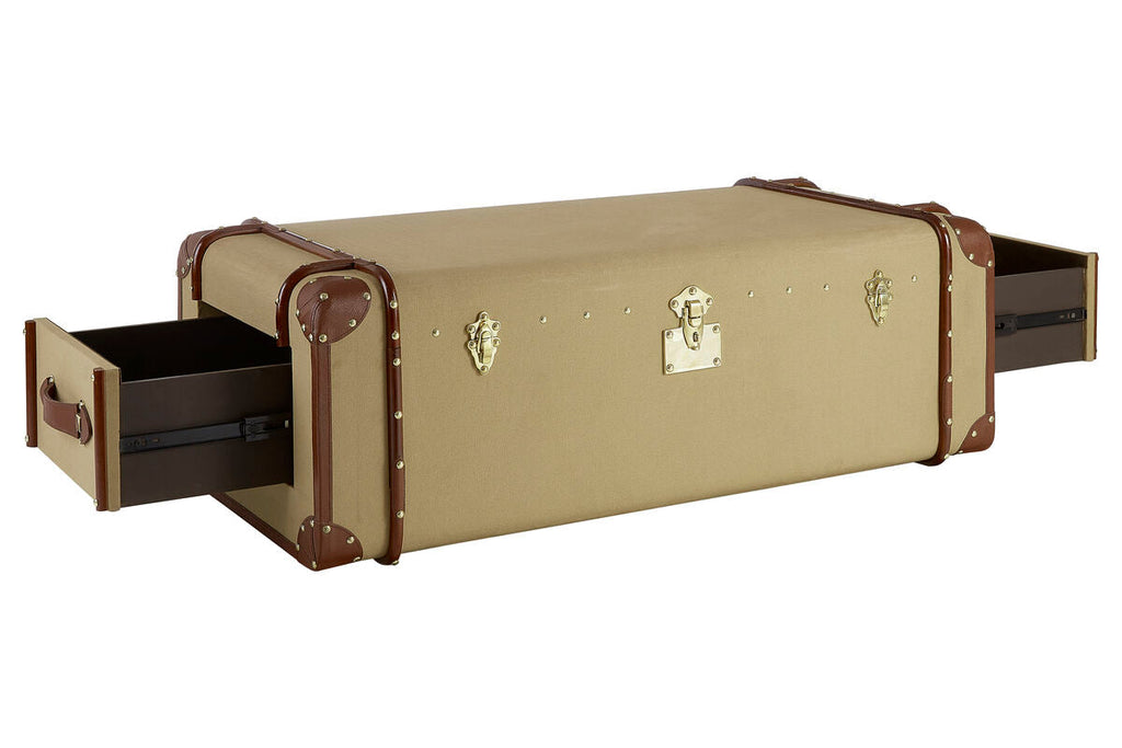 Mango Wood Canvas Trunk Coffee Table with Genuine Leather Detail, Columbus