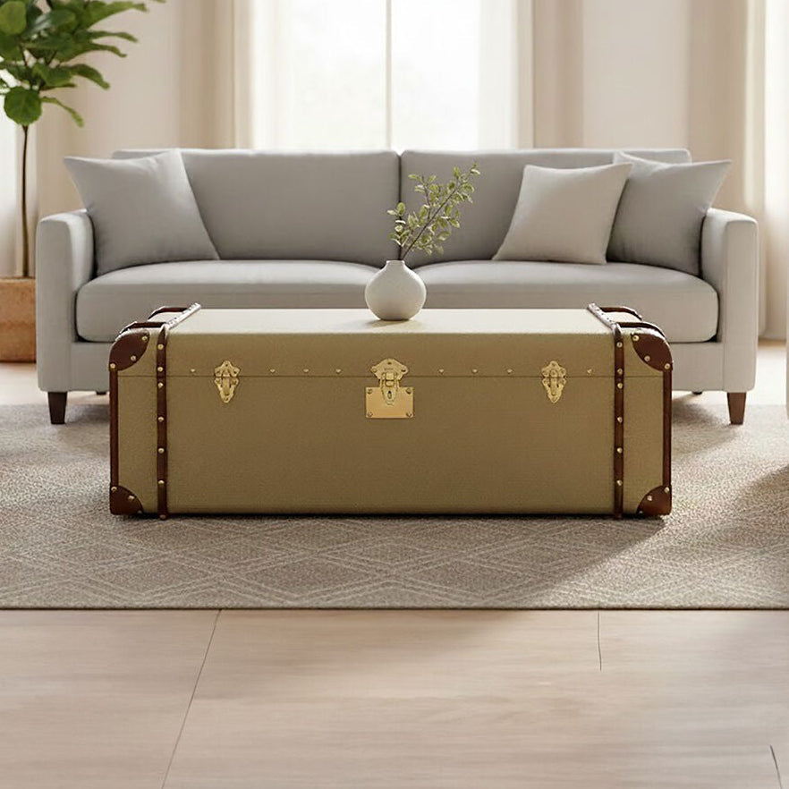 Mango Wood Canvas Trunk Coffee Table with Genuine Leather Detail, Columbus
