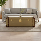 Mango Wood Canvas Trunk Coffee Table with Genuine Leather Detail, Columbus