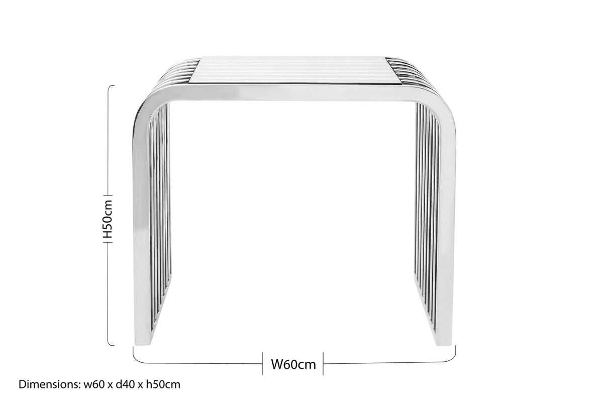 Silver Polished Stainless Steel Slatted End Table with Curved Shoulders and Clear Tempered Glass Top, Vogue