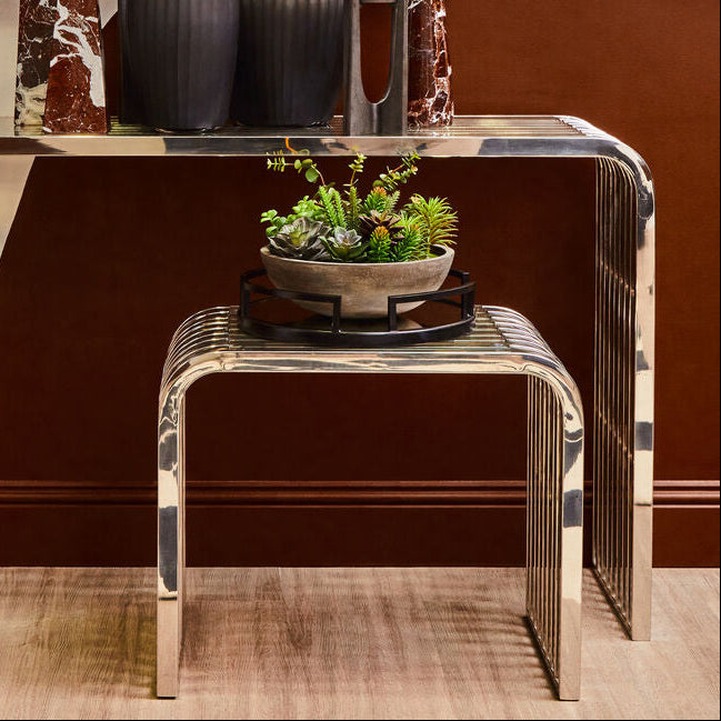 Silver Polished Stainless Steel Slatted End Table with Curved Shoulders and Clear Tempered Glass Top, Vogue