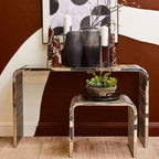 Silver Polished Stainless Steel Slatted End Table with Curved Shoulders and Clear Tempered Glass Top, Vogue