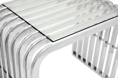 Silver Slatted End Table with Tempered Clear Glass | Vogue