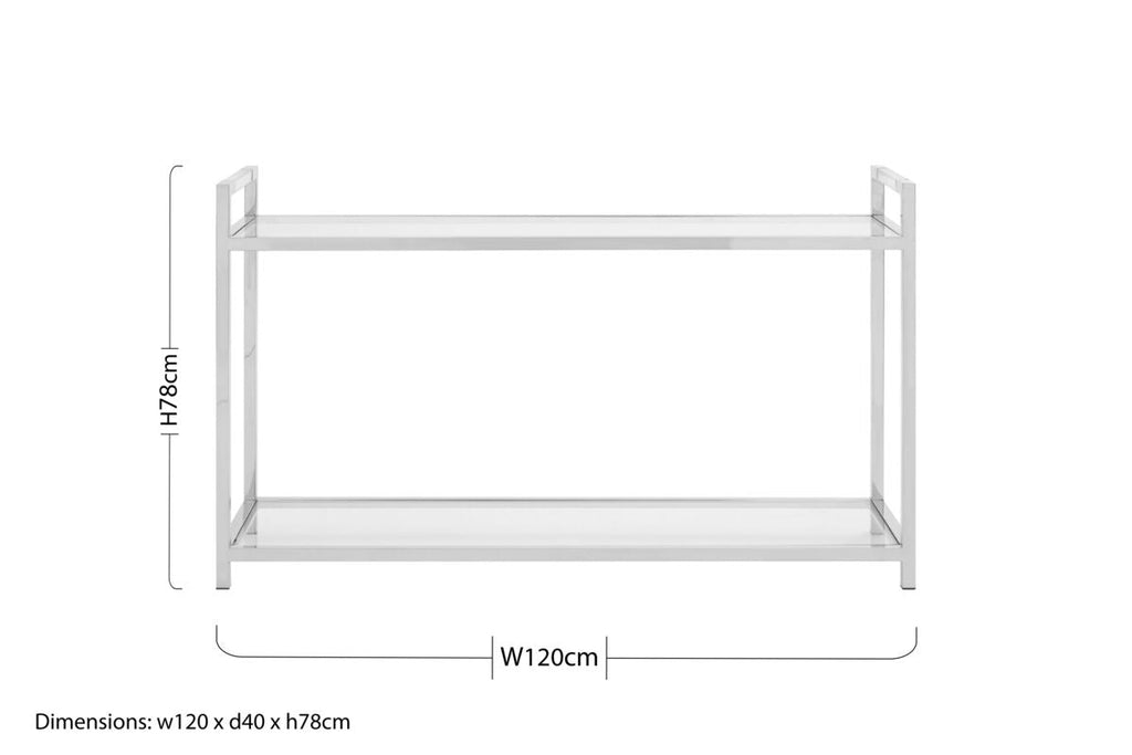 Silver Stainless Steel Base and Tempered Glass Console Table with Two Display Tiers | Vogue