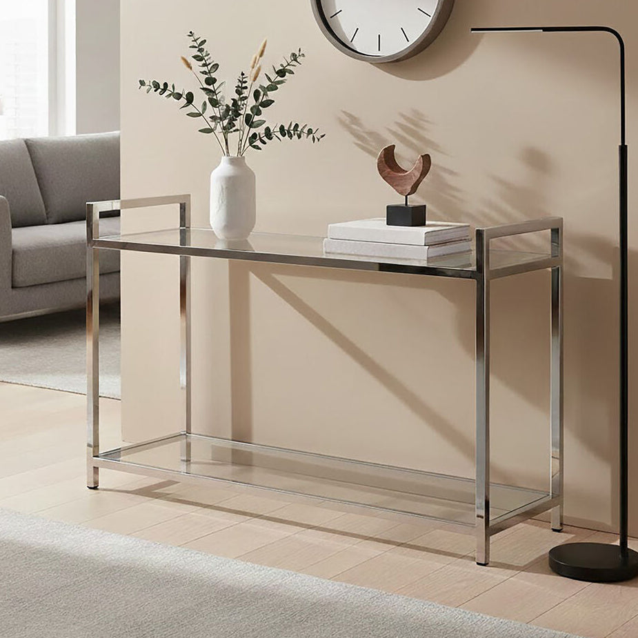 Silver Stainless Steel Base and Tempered Glass Console Table with Two Display Tiers | Vogue