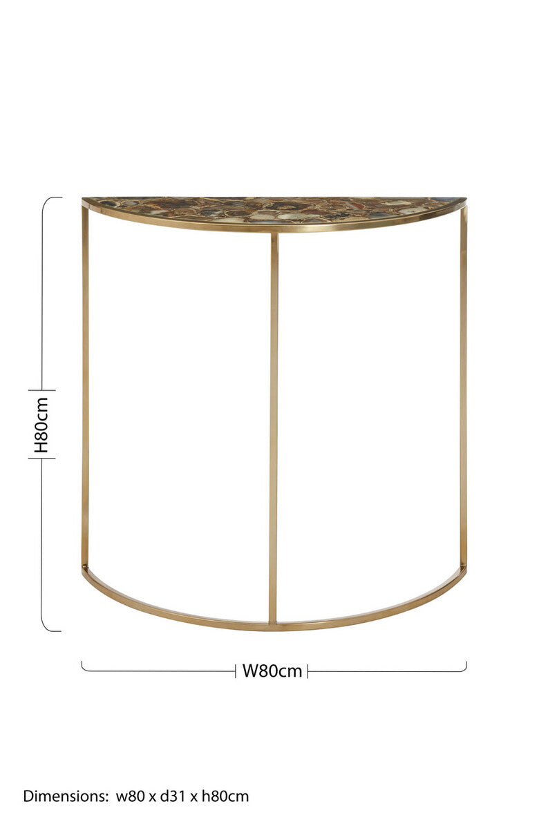 Black Agate Top Half Moon Console Table in Gold Coloured Steel Frame | Vita