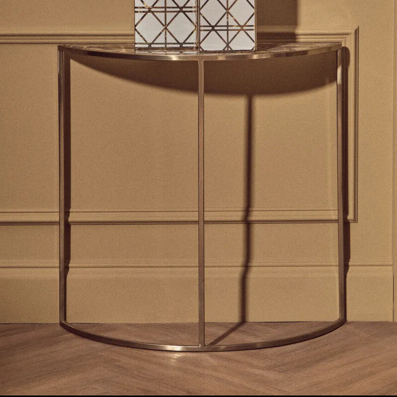 Black Agate Top Half Moon Console Table in Gold Coloured Steel Frame | Vita