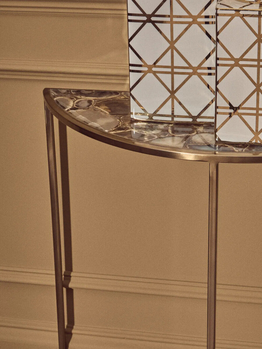 Black Agate Top Half Moon Console Table in Gold Coloured Steel Frame | Vita