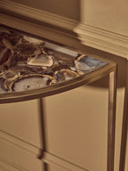 Black Agate Top Half Moon Console Table in Gold Coloured Steel Frame | Vita