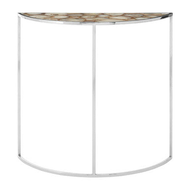 Half Moon Console Table with White Agate Stone Top and Silver Steel Frame | Vita