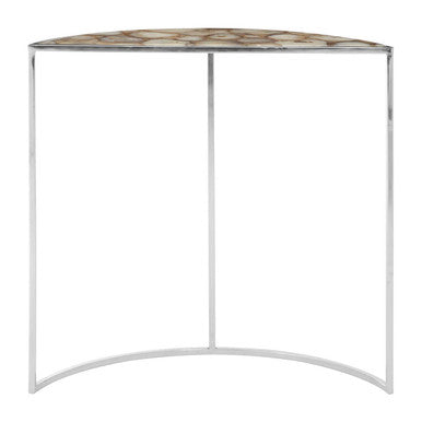 Half Moon Console Table with White Agate Stone Top and Silver Steel Frame | Vita