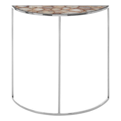 Half Moon Console Table with White Agate Stone Top and Silver Steel Frame | Vita
