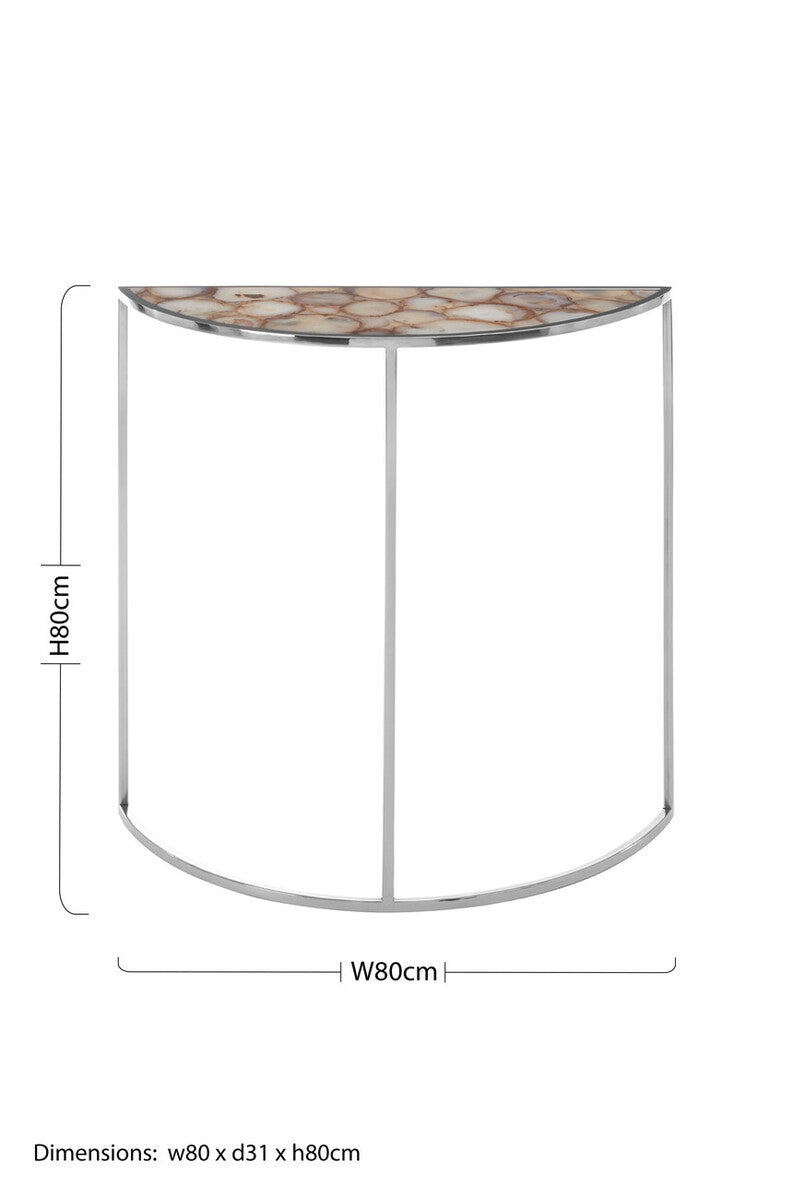 Half Moon Console Table with White Agate Stone Top and Silver Steel Frame | Vita