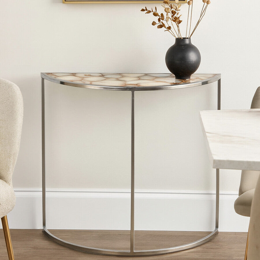 Half Moon Console Table with White Agate Stone Top and Silver Steel Frame | Vita