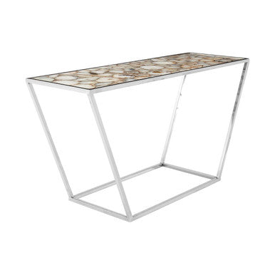 Semi-Precious White Agate Top Console Table in Polished Stainless Steel, Vita