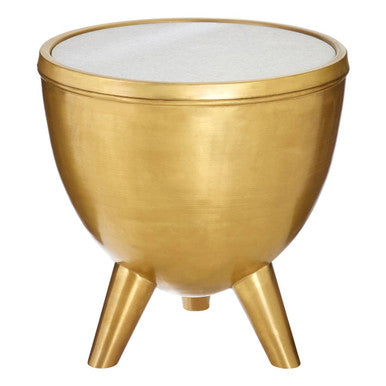 Gold Metallic Finish Side Table with Natural White Marble Top and Tapered Legs | Crest