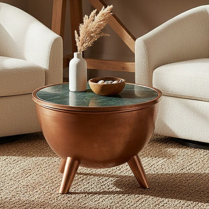 Copper Metallic Finish Coffee Table with Natural Green Marble Top and Tapered Legs | Crest