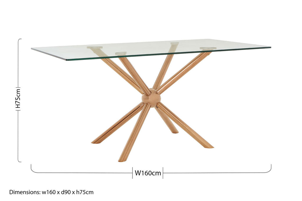 Clear Tempered Glass Top Dining Table with Rose Gold Metallic Sphere Base | Novo