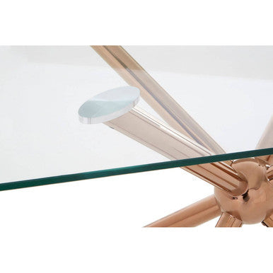 Clear Tempered Glass Top Dining Table with Rose Gold Metallic Sphere Base | Novo