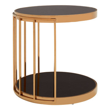 Rose Gold Steel Cage Design Frame Side Table with Tempered Black Glass | Novo