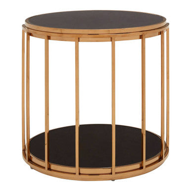 Rose Gold Steel Cage Design Frame Side Table with Tempered Black Glass | Novo