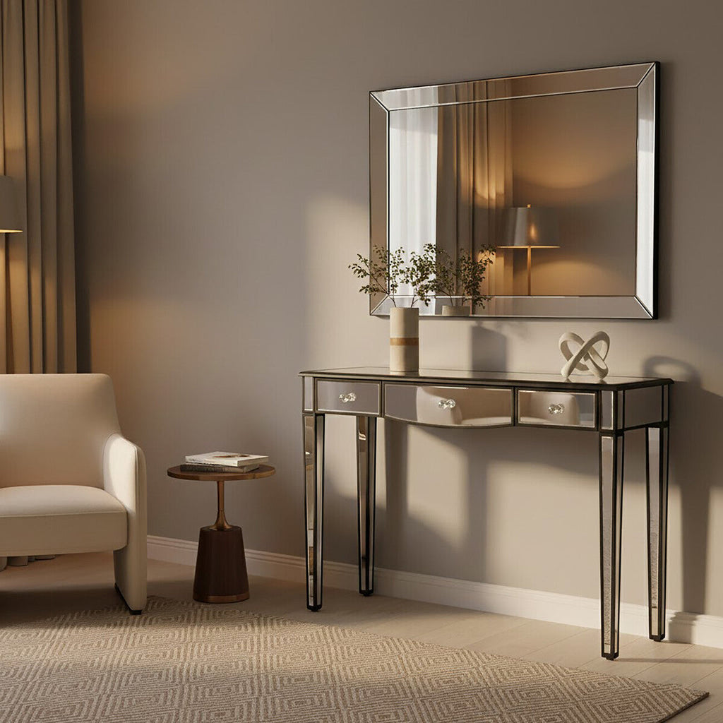 Mirrored White Wooden 3-Drawer Console Table with Black Trim Frame | Graciela