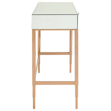 Rose Gold Stainless Steel Console Table with Mirrored Top and Crystal Knob Drawer, Goldie