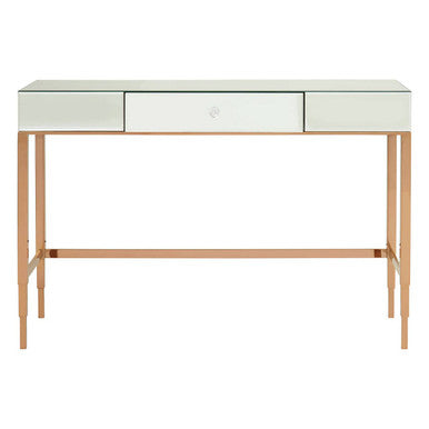 Rose Gold Stainless Steel Console Table with Mirrored Top and Crystal Knob Drawer, Goldie