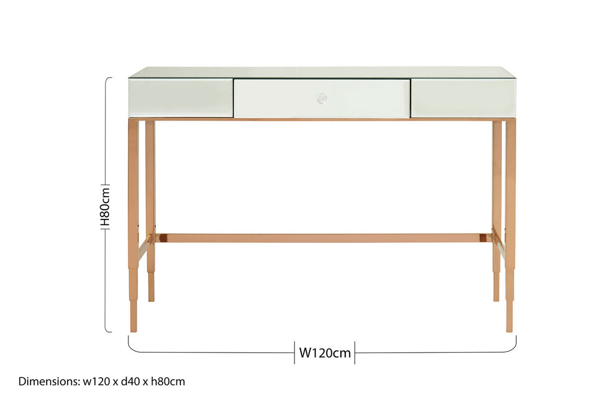 Rose Gold Stainless Steel Console Table with Mirrored Top and Crystal Knob Drawer, Goldie