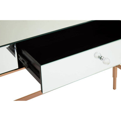 Rose Gold Stainless Steel Console Table with Mirrored Top and Crystal Knob Drawer, Goldie