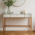 Rose Gold Stainless Steel Console Table with Mirrored Top and Crystal Knob Drawer, Goldie