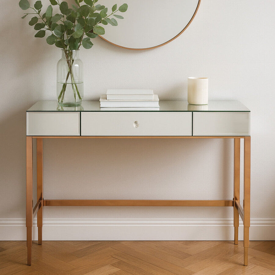 Rose Gold Stainless Steel Console Table with Mirrored Top and Crystal Knob Drawer, Goldie