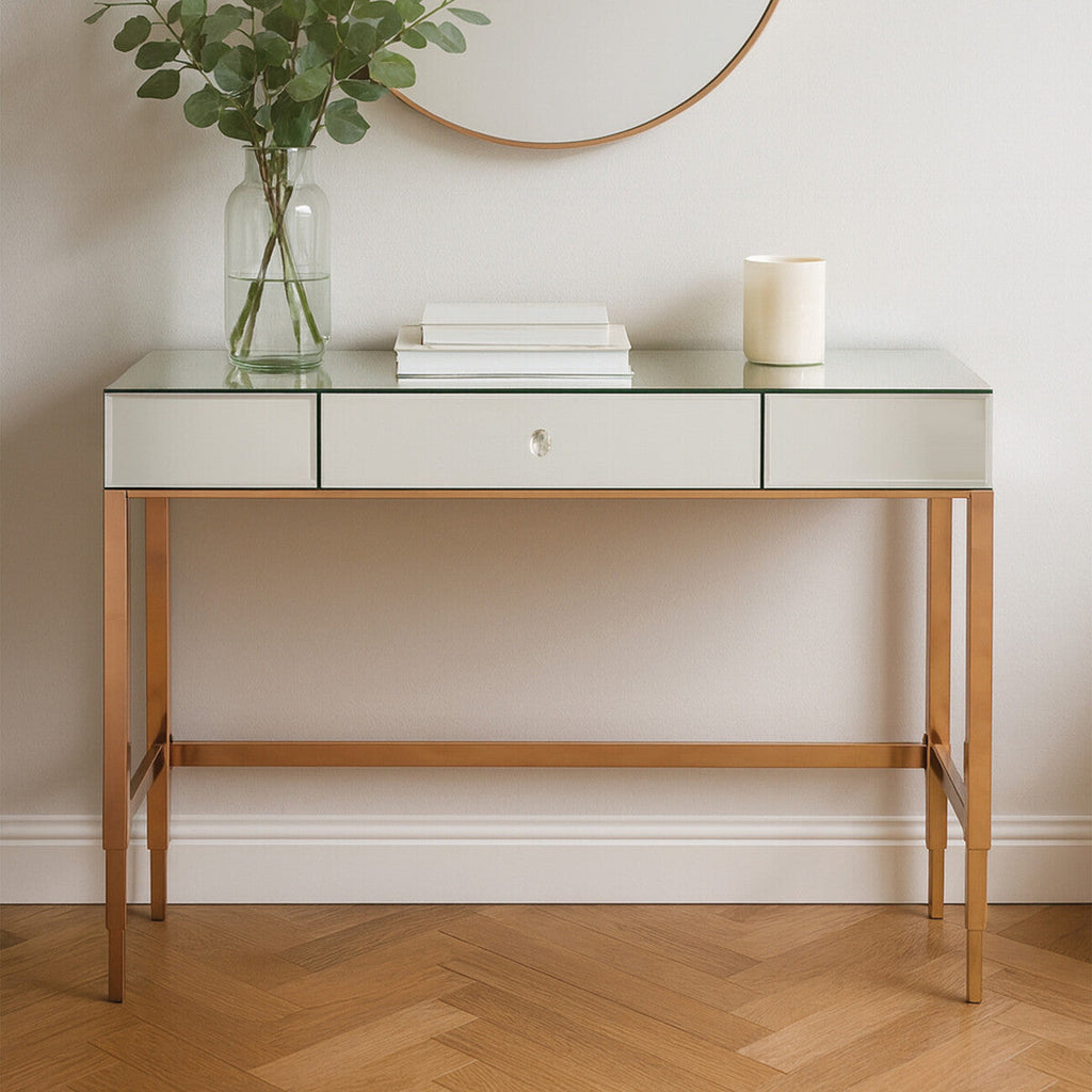 Rose Gold Stainless Steel Console Table with Mirrored Top and Crystal Knob Drawer, Goldie