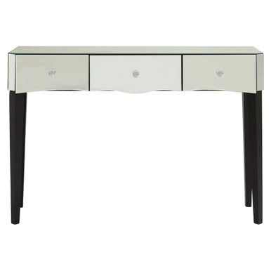 Mirrored Console Table with Black Finish Wooden Legs and Crystal Drawer Knobs | Gabriella