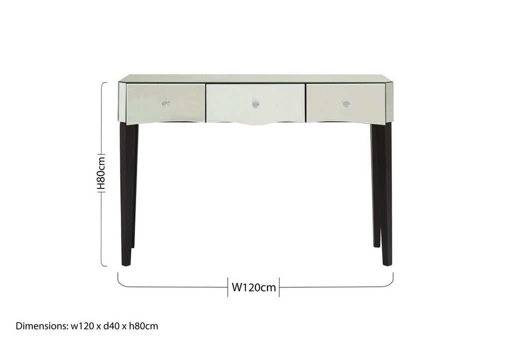 Mirrored Console Table with Black Finish Wooden Legs and Crystal Drawer Knobs | Gabriella
