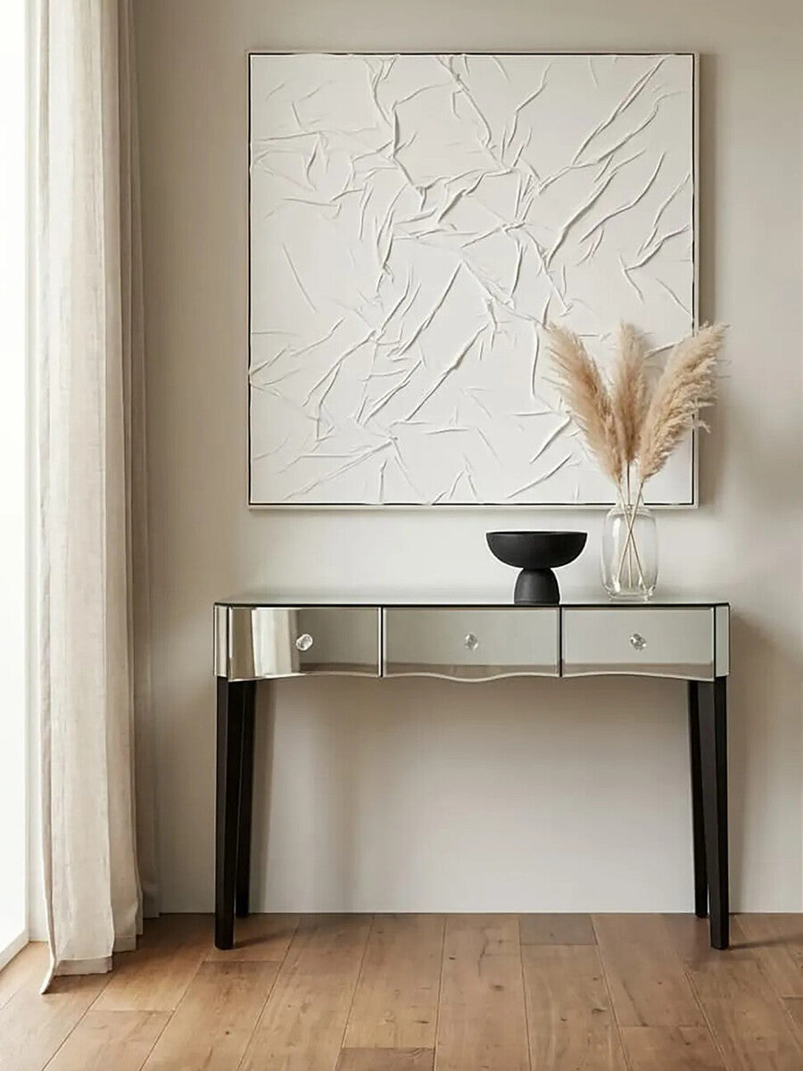 Mirrored Console Table with Black Finish Wooden Legs and Crystal Drawer Knobs | Gabriella